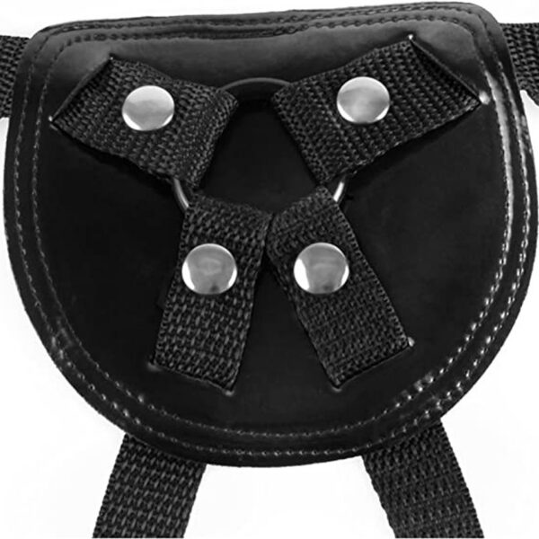 Perfect for first-timers Stay-Put Harness is made with a soft neoprene backside that prevents chafing and feels great against your skin while the shiny patent outside is sleek and inviting. The durable 4-way adjustable nylon straps feature easy plastic slides for the perfect fit on waists up to 44-inches and thighs up to 40-inches. The low-rise fit is super comfortable while the four metal snaps secure the O-ring and hold everything in place even when  the action heats up. Three included silicone O-rings allow you to interchange a range of dildos with a diameter up to 2-inches.