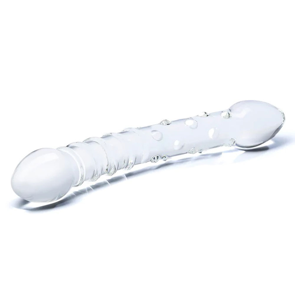 easy insertion. Use the Double Trouble Glass Dildo alone or with a partner its curved shape makes it perfect for an orgasmic G-spot or P-spot massage