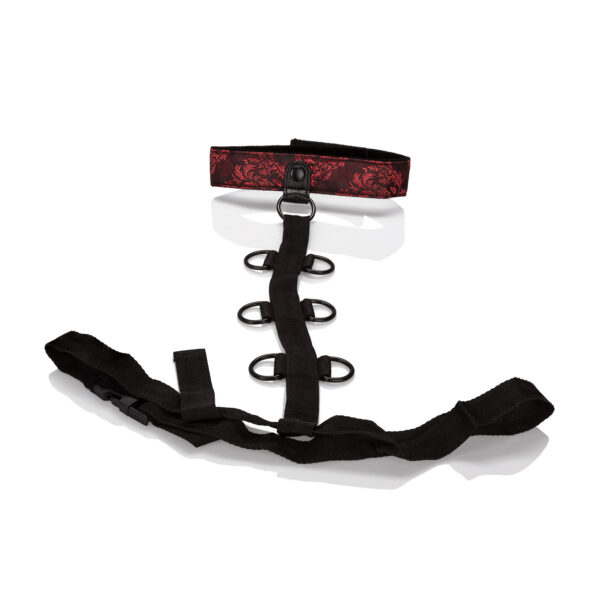 Luxurious collar with universal cuffs and adjustable restraints. Collar adjusts up to 20"/50.75cm. Waist straps adjust up to 46"/116.75cm. Reversible design to wear in front or back. Soft and plushy on one side