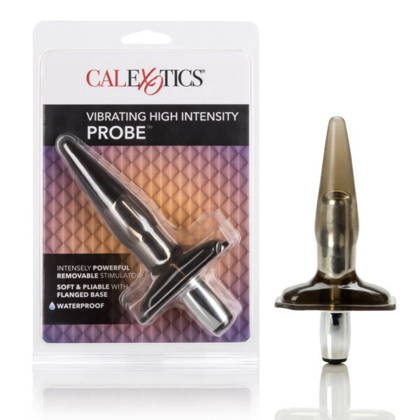 Powerful vibrations that resonate throughout. Slender probe with removable high-intensity quiet push button stimulator. Extended easy grip base