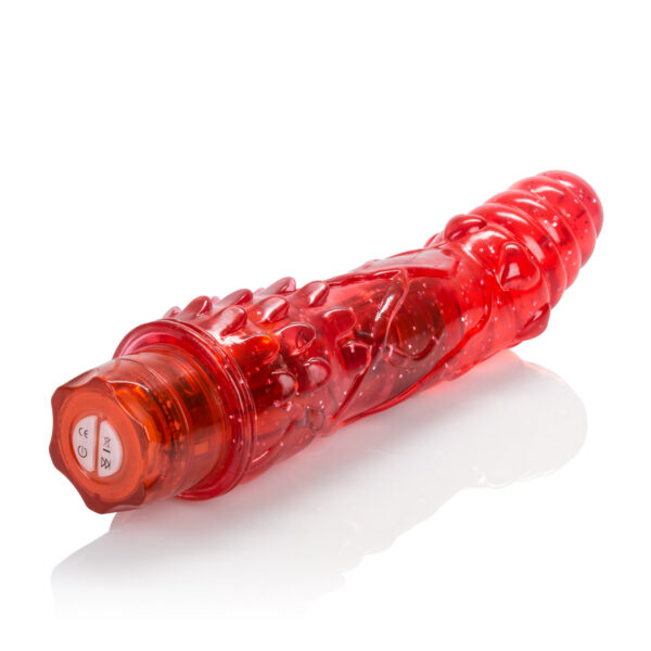 Hearts and glitter adorn this Jelly soft vibrator. State-of-the-art memory chip resumes function last used. 10 powerful functions of vibration pulsation and escalation.
