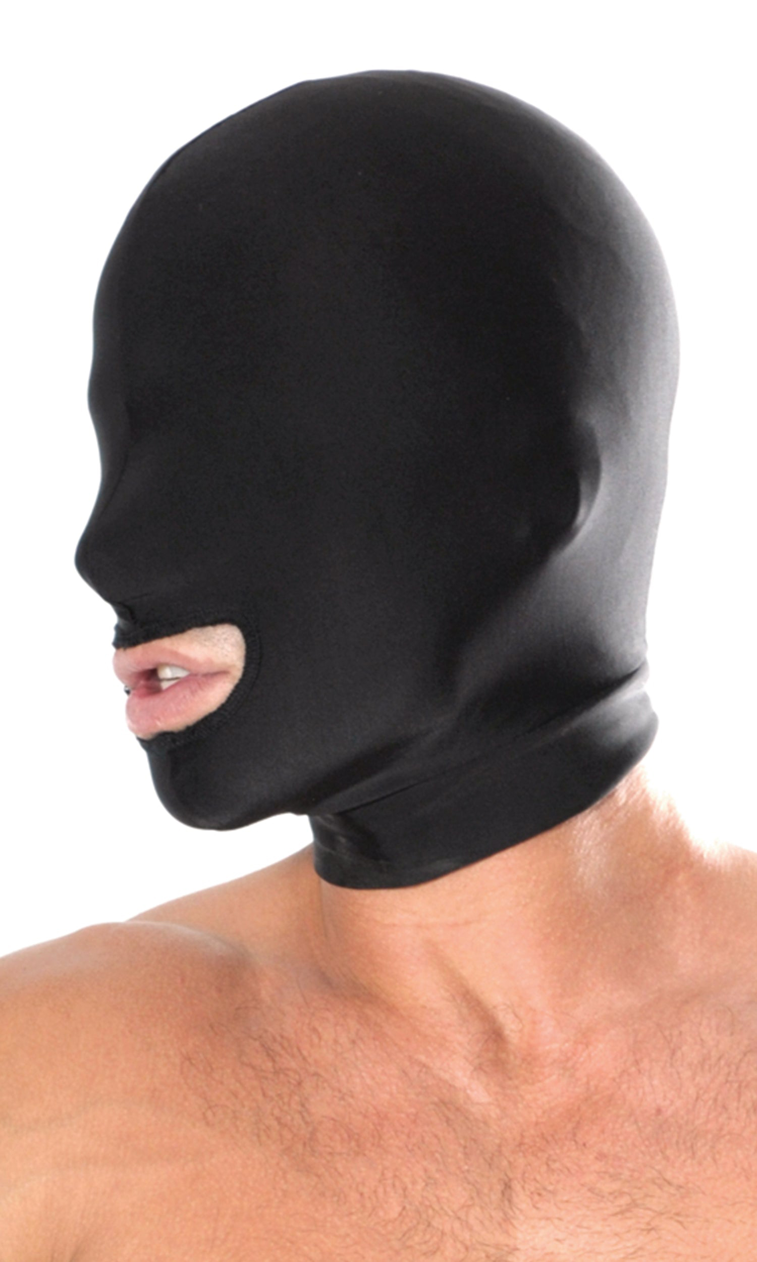 allowing just a hint of light in while impairing vision and awakening other senses. The shiny black hood can be worn by him or her