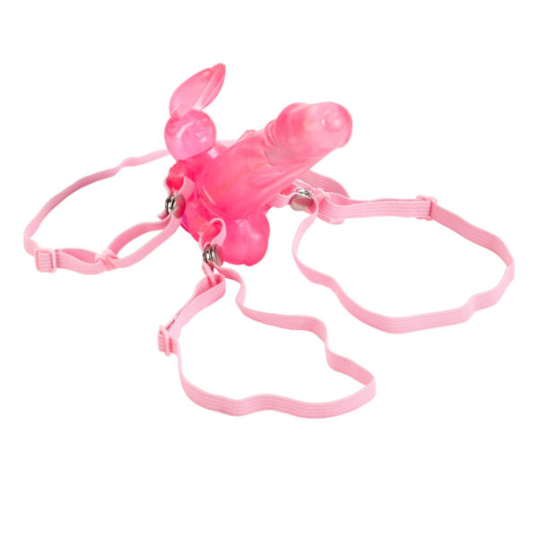 Self-contained wireless plushy soft pleasurizer with vibrating penis and flickering bunny ears. Comfortable fully adjustable waist and thigh straps.