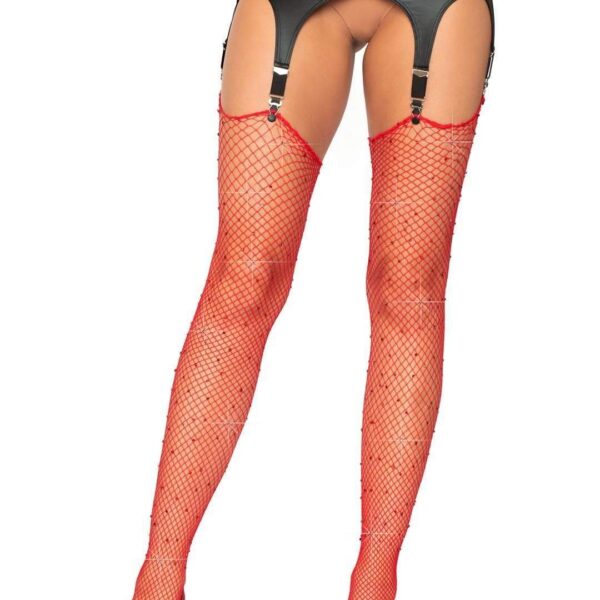 Rhinestone Fishnet Stockings - One Size - Red
