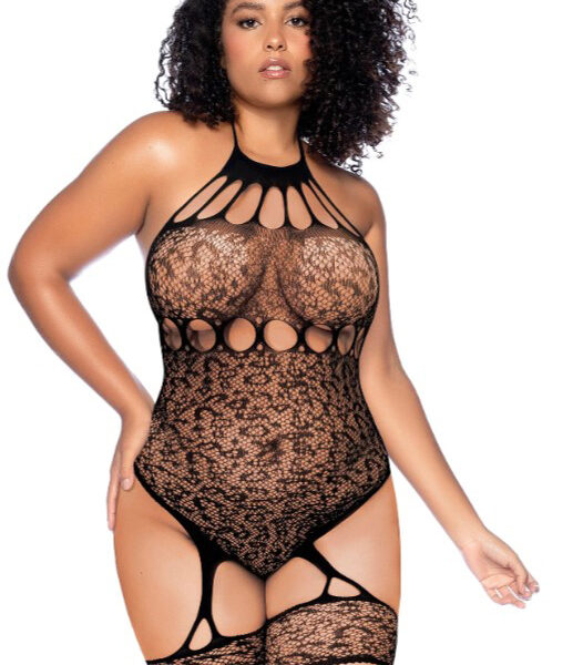 Leopard Halter Fishnet Bodysuit - Curve Os - Black