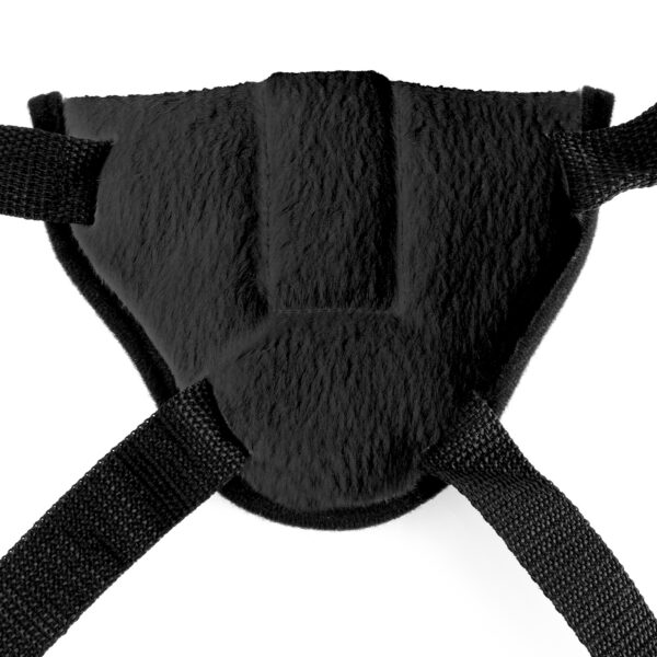 Perfect for first-timers Vibrating Plush Harness is made with a soft neoprene backside that prevents chafing and feels great against your skin.  The durable 4-way adjustable nylon straps feature easy  plastic slides for the perfect fit on waists up to 44-inches and thighs up to 40-inches. The low-rise fit  is super comfortable while the four secure the O-ring  and hold everything in place even when the action heats up. Three included silicone O-rings allow you to interchange  a range of dildos with a diameter up to 2-inches.