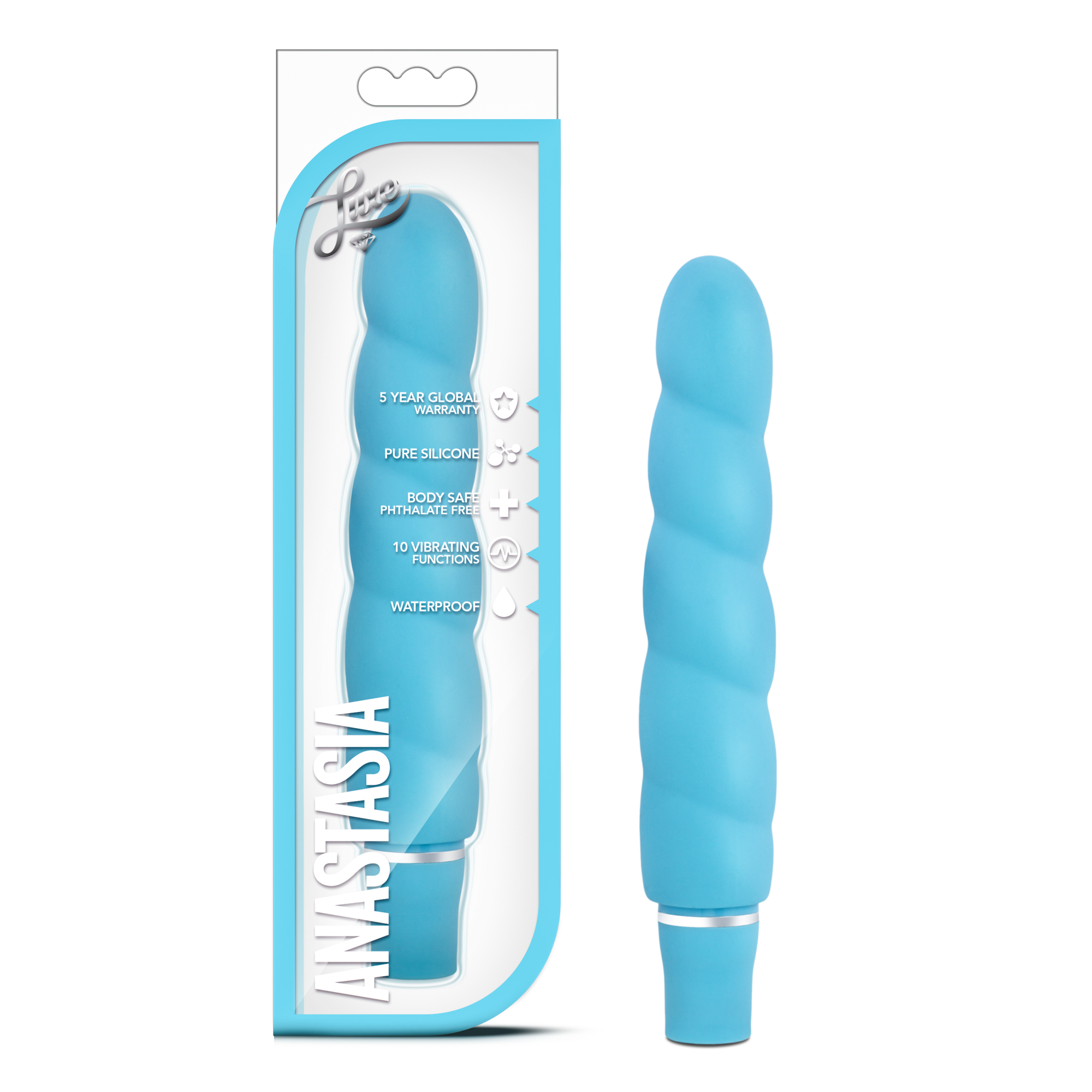 Anatasias seductive shape embodies the spirit of Blush Novelties Luxe Line. Gorgeous to behold and sensuous to the touch with a smooth satin finish Anatasia stands 5.25 inches with 4.75 inches of accessible play. Set in motion her duet of push button vibrations with 1 AA battery. Made of Anastasia has a waterproof motor to ensure safe shower play.