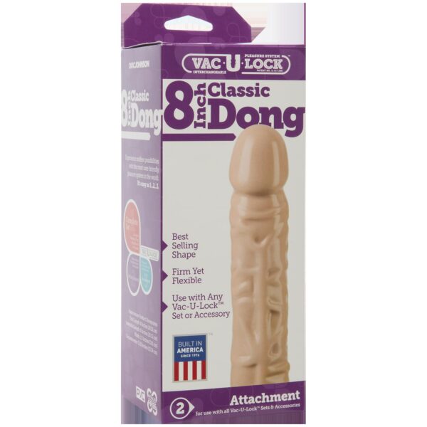 The 8 inch classic dong vinyl rubber white flesh colored dong is one of many attachments available that are inter-changeable with the Vac-U-Lock System.
