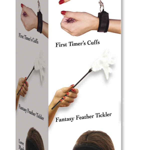 Share a little fantasy with your lover using Pipedream's Sensual Seduction Kit!  Change your routine and bring a little spontaneity and an element of surprise  and anticipation into the bedroom. <br><br> Package Includes: <br>  First Timer's Cuffs <br>  Fantasy Feather Tickler <br>  Satin Love Mask