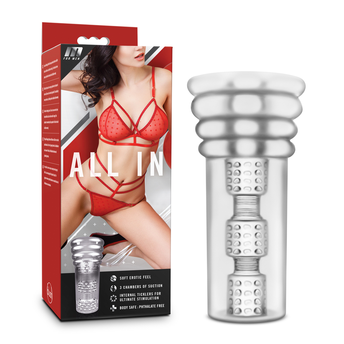 All In is what you need when your cock is aching for release. Made of soft and erotic X5 and equipped with 3 chambers of erotic suction to mimic the hottest blow job you ever had you can skip going out tonight. Whats best is you can watch your cock being completely engulfed and stroked. Enjoy by yourself or with your partner. Stick you man tool All In.