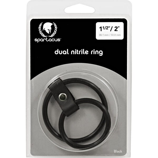 This dual cock ring includes a 2 inch base ring and a 1.5 shaft ring held together with a leather strap. Nitrile rings are made of 100 percent skin safe materials the same components used in hospital gloves. Nitrile rings are strong yet flexible snapping back to shape after each use.
