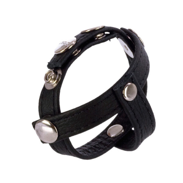 A world divided in ecstasy is the offering from the COLT Leather H-Piece Divider Strap. A snug fit around the cock with a gentle embrace around each ball will create the masculine look that defines COLT. Everything about the COLT Leather H-Piece Divider Strap is meant to convey the inner bad boy in you. No one will mistake that you'll bring erotic play to all new heights with this leather cock and divided ball strap. There's nothing subtle about this chrome-studded