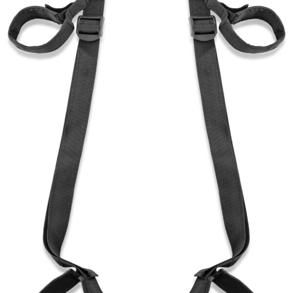 Turn any door into a love swing in just a few minutes!  Enjoy positions you never thought were possible and explore your fetish fantasies! <br><br> Package Includes: <br>  Fully Adjustable Door Swing <br>  2 Acrylic Door Jam Tubes Padded Thigh Supports <br><br> <br><br> Using the door swing is easy: <br> 1. Drape acrylic tubes over the top of the open door. <br> 2. Close and lock the door. <br> 3. Lower leg straps so that your lover can slide their thighs through the lower  loops. <br> 4. Allow your lover to slide their arms through the upper loops