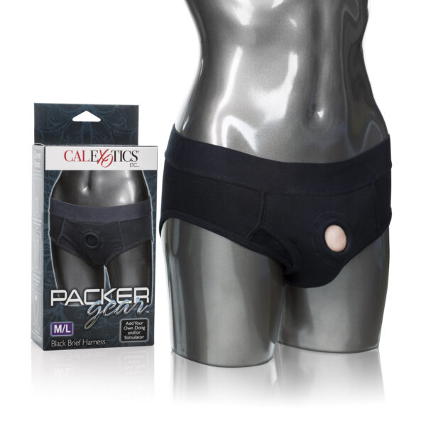 Discreet 2-panel design to accommodate dual penetration. or probes. Soft stretchy and comfortable. Comfortable soft lining. Internal strap to secure your packer in place. Internal pockets to add a favorite stimulator. <br> Medium / Large: 32-36 inch