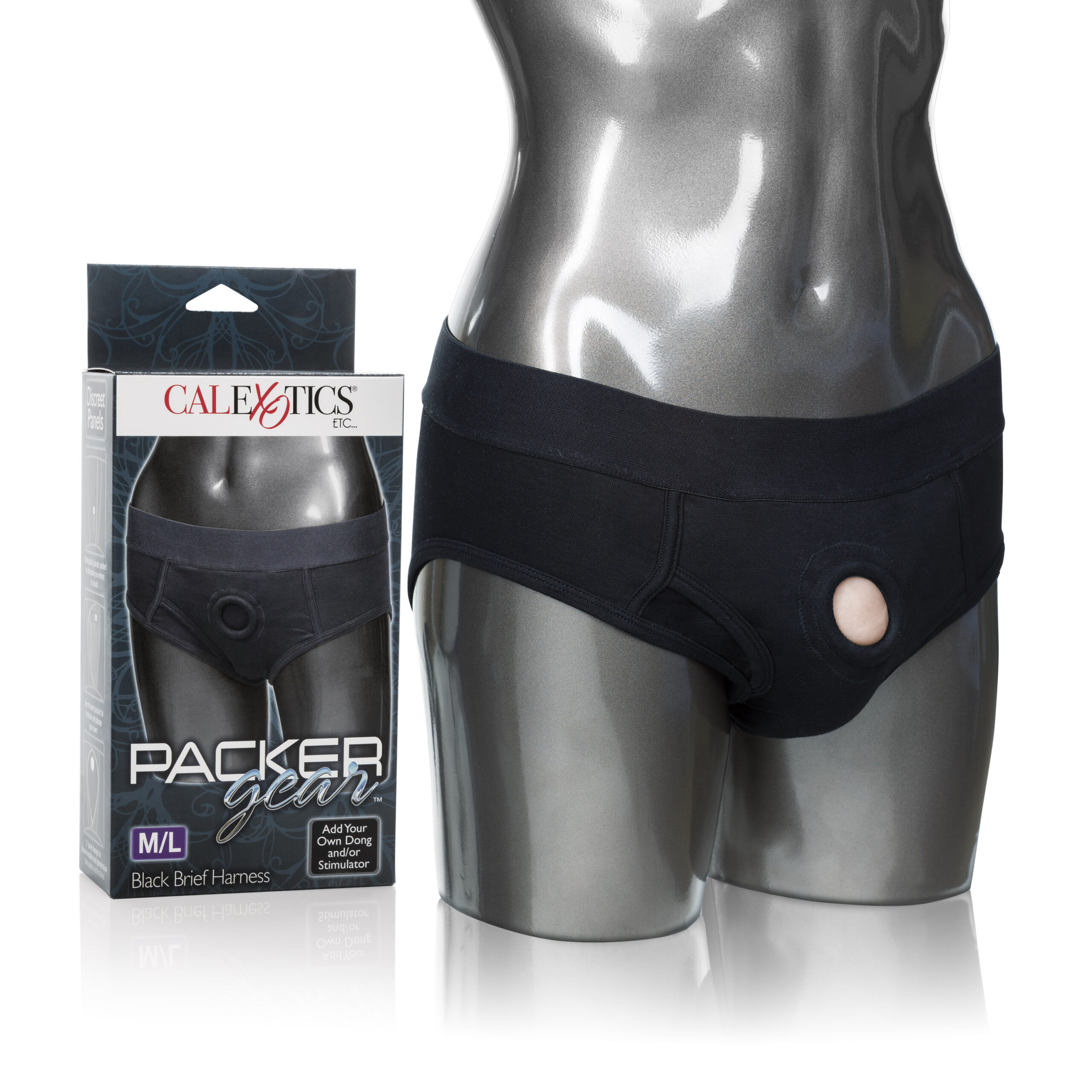 Discreet 2-panel design to accommodate dual penetration. or probes. Soft stretchy and comfortable. Comfortable soft lining. Internal strap to secure your packer in place. Internal pockets to add a favorite stimulator. Medium / Large: 32-36 inch
