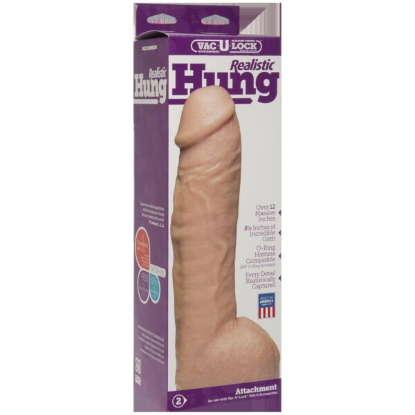 Hung is 12 and a half inches of plump head and bulging veins. 3 inches thick and ready to fill you up. This big daddy is sure to satisfy the greatest of appetites. Hung can be used with patented Vac-U -Lock system an O-ring harness or by itself.