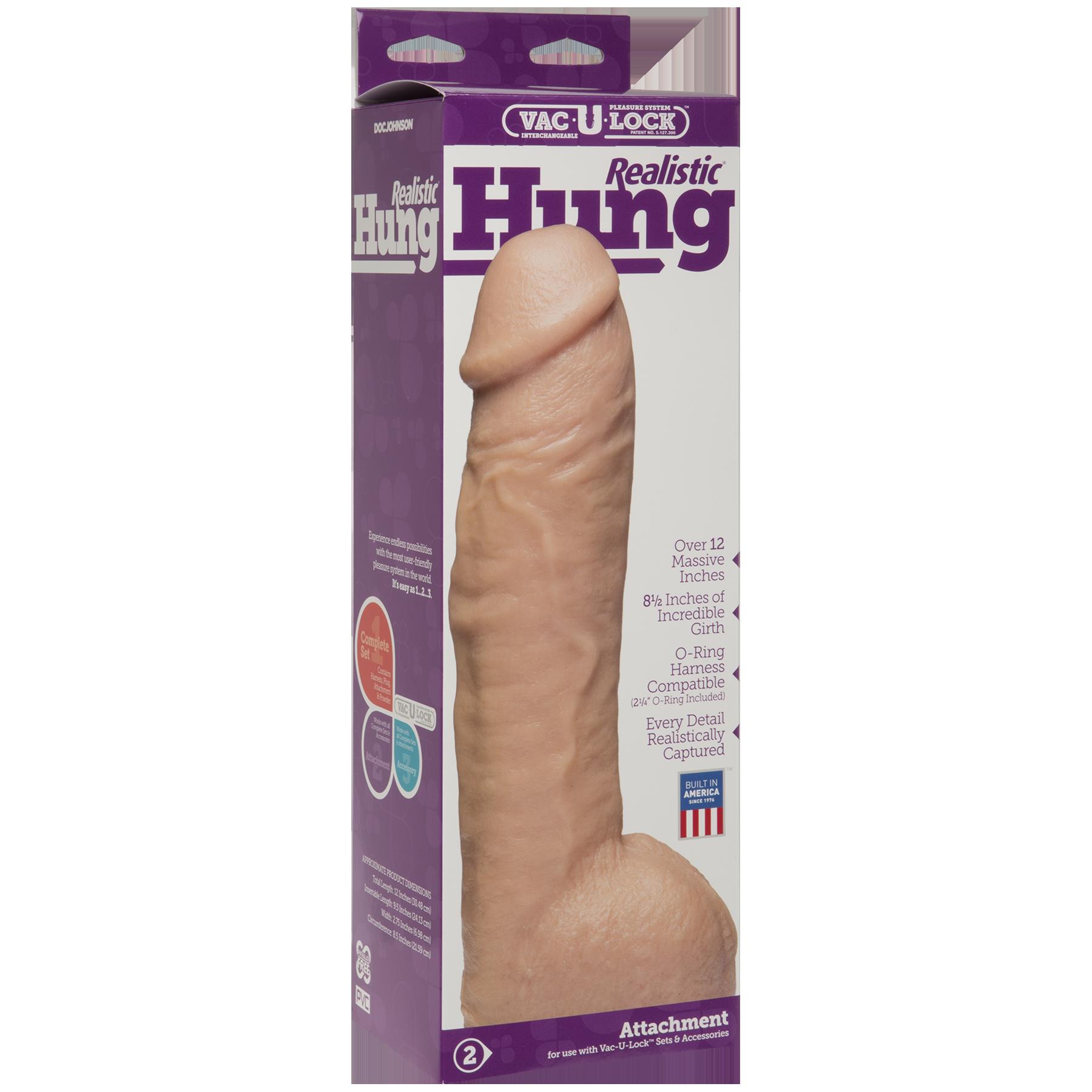 Hung is 12 and a half inches of plump head and bulging veins. 3 inches thick and ready to fill you up. This big daddy is sure to satisfy the greatest of appetites. Hung can be used with patented Vac-U -Lock system an O-ring harness or by itself.