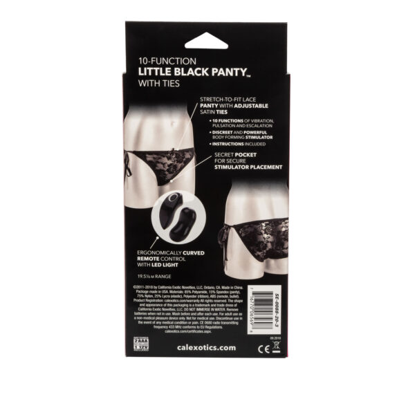 The perfect accessory for your little black dress. Stretch-to-fit sexy lace panty with adjustable satin ties and a secret pocket for secure bullet placement. Discreet and powerful remote control body forming curved bullet. 10 incredible functions of vibration pulsation and escalation. <br> Boxed Items