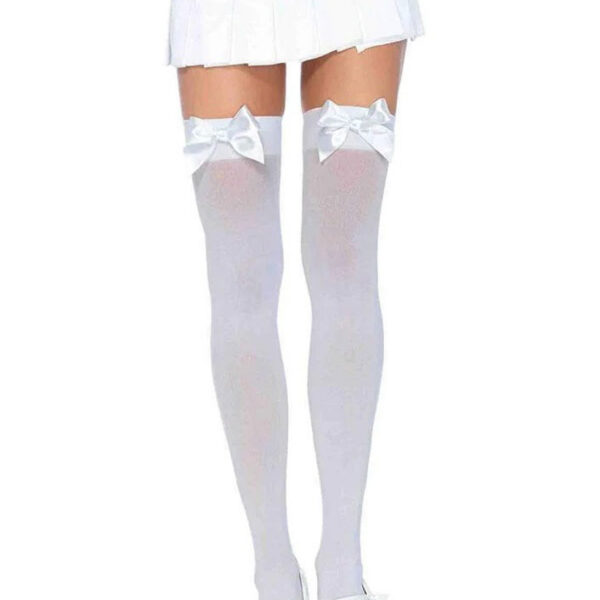 Opaque Thigh Highs With Satin Bow Accent - One Size - White