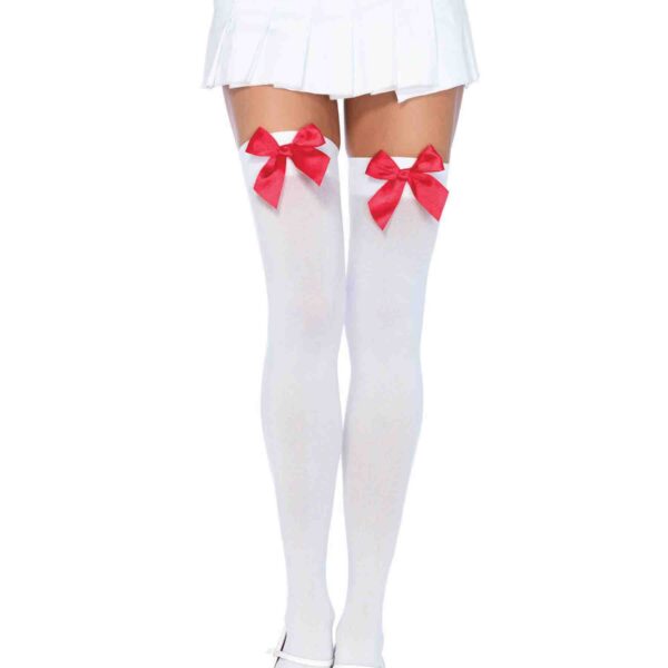 Nylon Over the Knee Socks - White With Red Bow