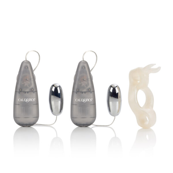 Sturdy erection enhancer with vibrating ears and tail Two multi-speed bullets dual controls for independent use PVC (enhancer)  ABS with silver plating (bullets) 4 AA batteries