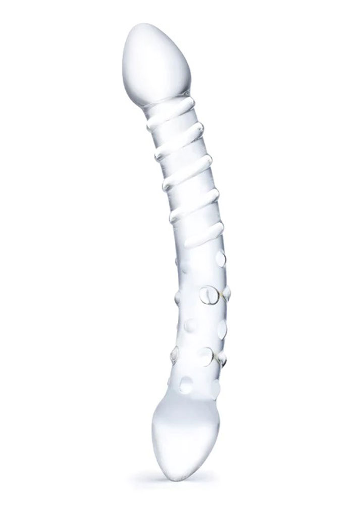 and is conveniently shaped for maximum control in your hands. Couples can also enjoy penetration simultaneously with each one taking an end of the dildo. The Double Trouble Glass Dildo is made from body-safe