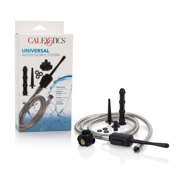 Multi-use system easily attaches to shower bath or sink. Versatile attachments make this the perfect bathroom accessory for intimate water play. Directional valve adapter installs easily to switch from shower head or faucet to the Universal Water Works System.