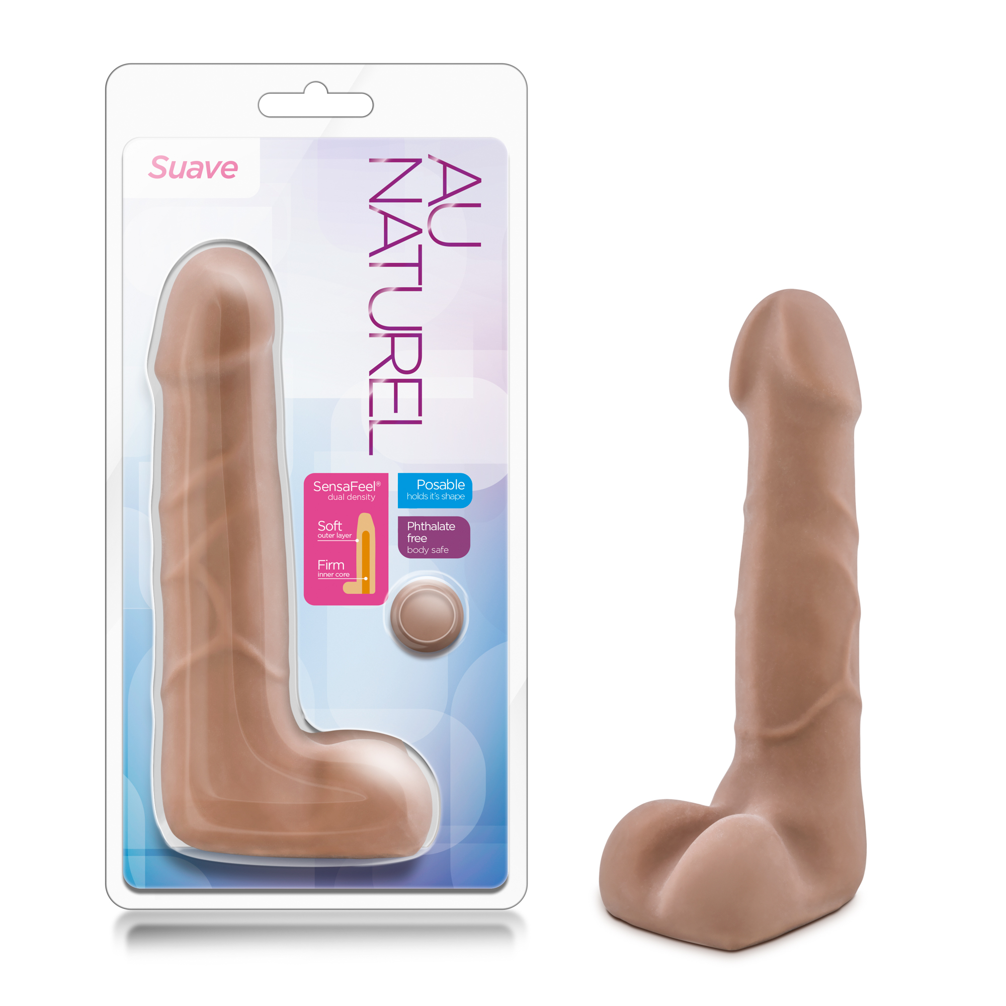 Suave was designed to look and feel just like the real thing. Using Sensa feel technology we were able to recreate the feel of human body. Suave is sized and shaped to please the beginner and those who prefer an average size. Its outer layer allows Suave to be comfortably inserted. Its firm inner core and flexible internal spine gives Suave the ability for some hardcore play.