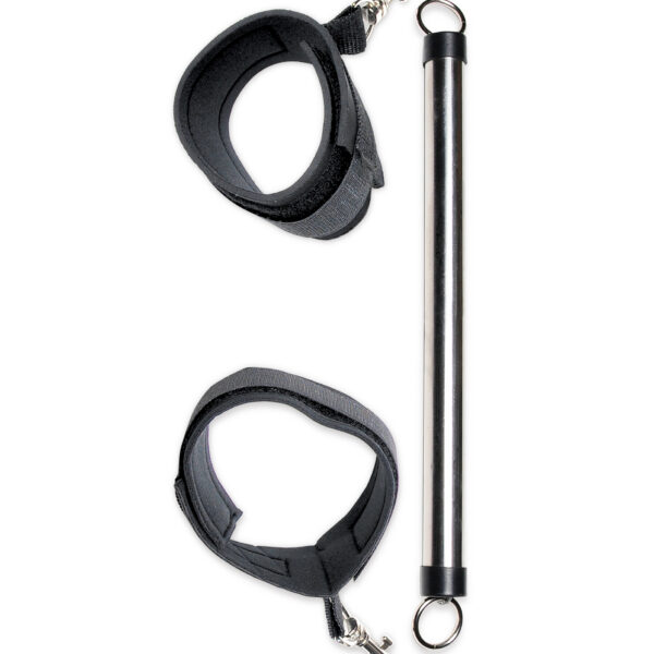 Open Wide.. This beginner metal Spreader BAr will put you or your partner in the right position for pleasure everytime. Attach the adjustable ankle cuffs and your subject wont be able to close their thighs. Try new positions and scenarios you never dared and do it all with easy access. They will squirm around and squeal but they wont get out. The detachable cuffs have a comfortable soft-neoprene inner lining thats easy on the ankles.