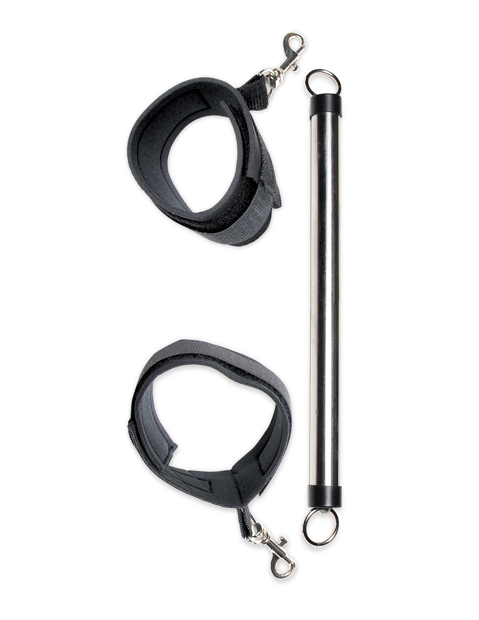 Open Wide.. This beginner metal Spreader BAr will put you or your partner in the right position for pleasure everytime. Attach the adjustable ankle cuffs and your subject wont be able to close their thighs. Try new positions and scenarios you never dared and do it all with easy access. They will squirm around and squeal but they wont get out. The detachable cuffs have a comfortable soft-neoprene inner lining thats easy on the ankles.