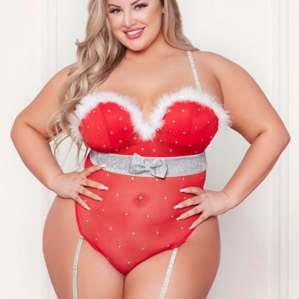 Rhinestone Studded Mesh Teddy With Marabou Trim - 3x/4x - Red