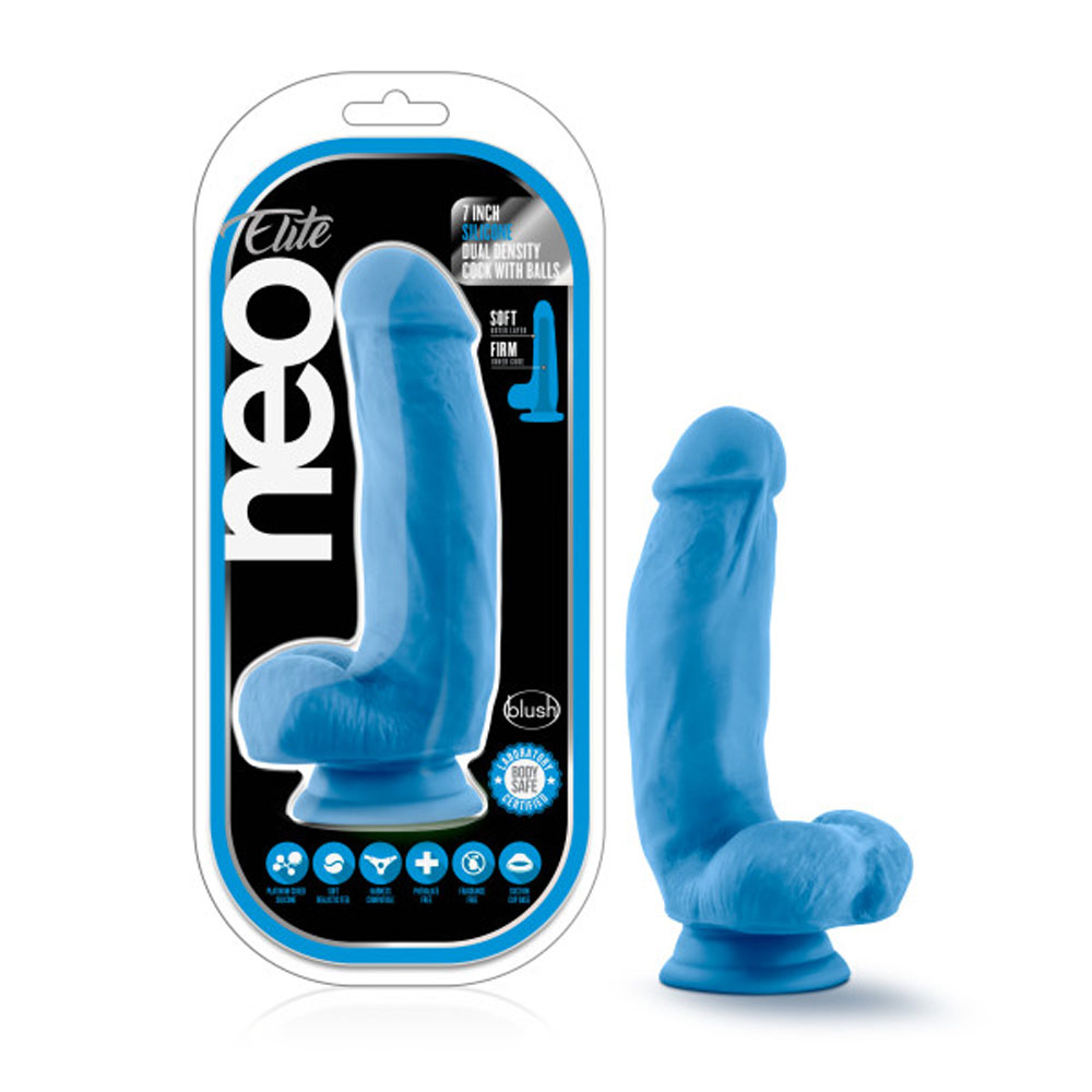 Neo Elite - 7 Inch Silicone Dual Density Cock With Balls - Neon Blue