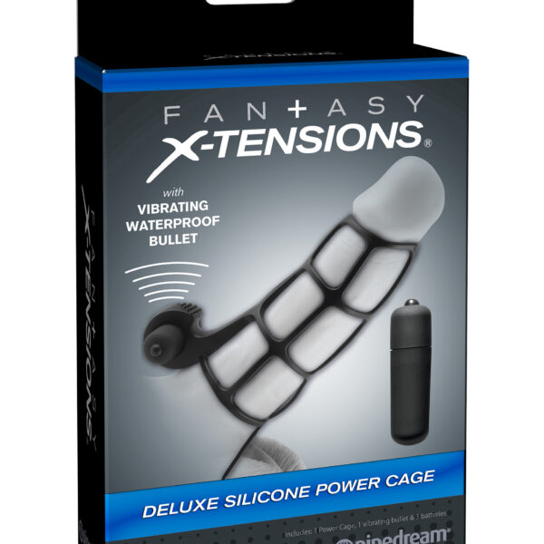 The Deluxe Silicone Power Cage is the ultimate erection enhancer.  With this silicone cage wrapped snug around every inch of your  manhood you'll maintain rock hard erections and prolong the fun while you stimulate your partner. The stretchy ball strap prolongs ejaculation for explosive climaxes while the hygienic cage leaves your cock open to feel every sensation and enjoy the natural touch of your lover. You'll discover thick throbbing erections and your partner will love the cage's added sensations. The vibrating clit stimulator activates the tiny ticklers and delivers direct  stimulation to their most sensitive spot. Just one click of the powerful  waterproof micro vibe and youll make them cum harder than ever before.
