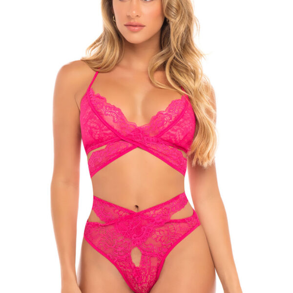 Cut Out Galloon Lace Bra Set - Bright Rose - L/xl