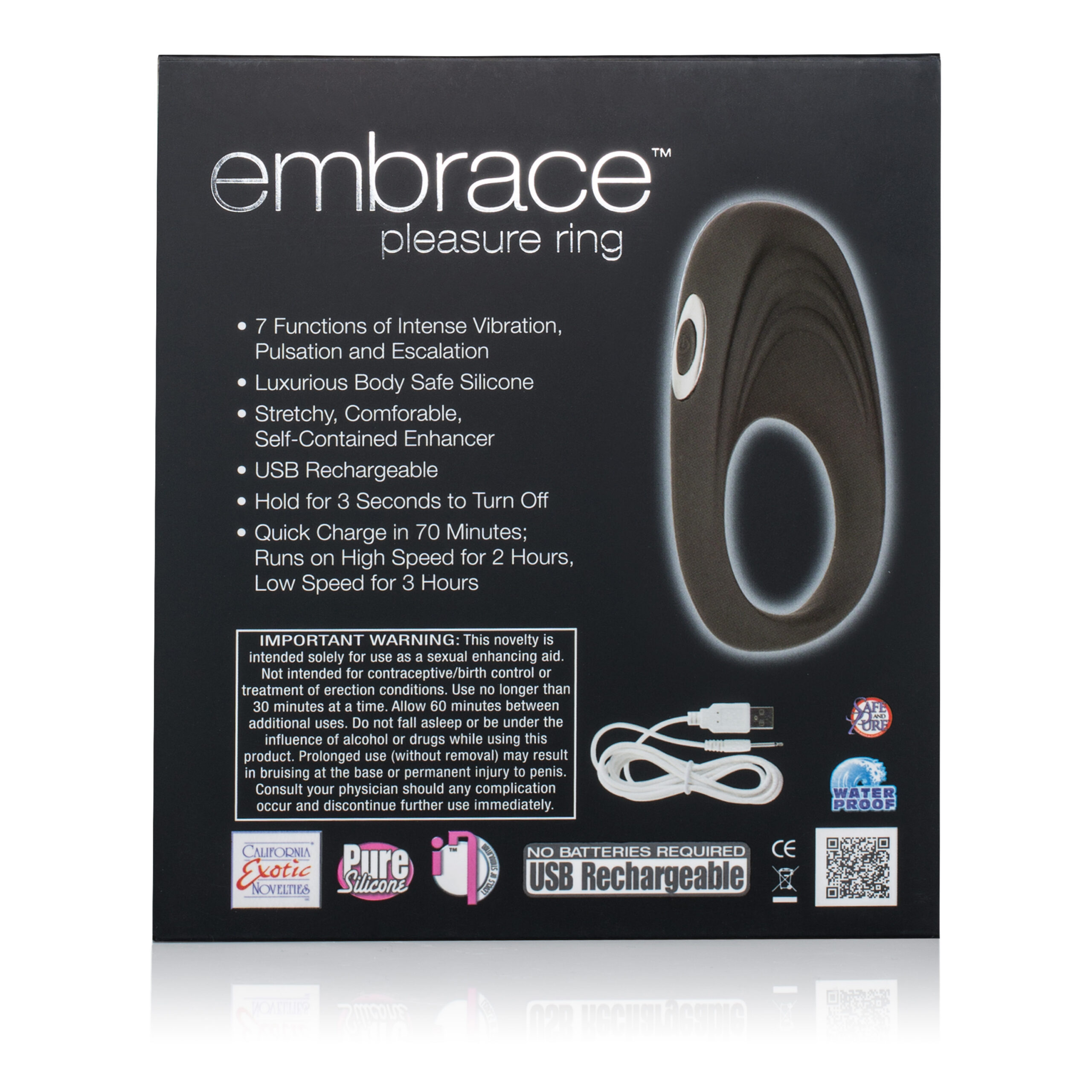 is also waterproof. These rings are completely USB rechargeable and come with a charging cord; a complete charge takes just 70 minutes. The enhancer will run on its highest speed for 2 hours
