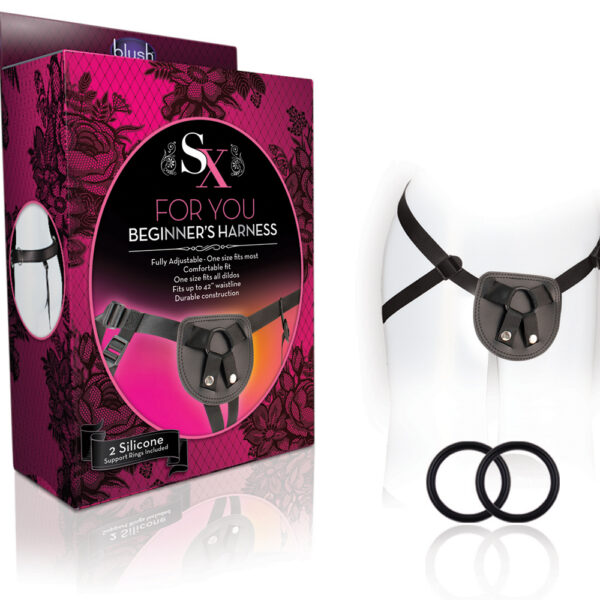 Made from soft yet durable faux leather and strong yet comfortable nylon straps the For You - Beginners Harness allows you to be ready for action. The form fitting design feels comfortable and natural. The fully adjustable straps will not chafe your skin. 2 super strong elastic support rings are included to ensure your harness fits almost everysize dildo. Use 1 ring for regular support. For maximum support use 2 rings enabling you to use extra large dildos and engage in some hard core play with your partner.