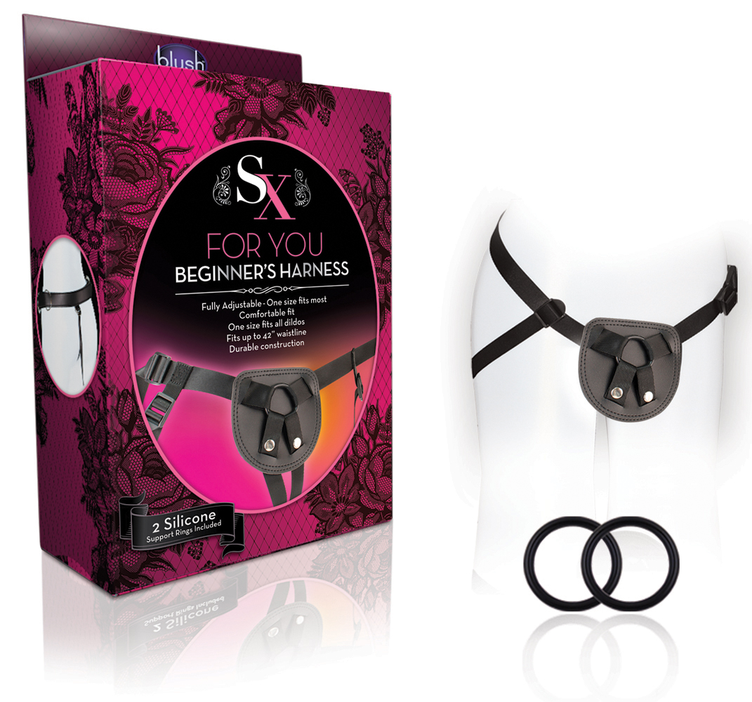 Made from soft yet durable faux leather and strong yet comfortable nylon straps the For You - Beginners Harness allows you to be ready for action. The form fitting design feels comfortable and natural. The fully adjustable straps will not chafe your skin. 2 super strong elastic support rings are included to ensure your harness fits almost everysize dildo. Use 1 ring for regular support. For maximum support use 2 rings enabling you to use extra large dildos and engage in some hard core play with your partner.
