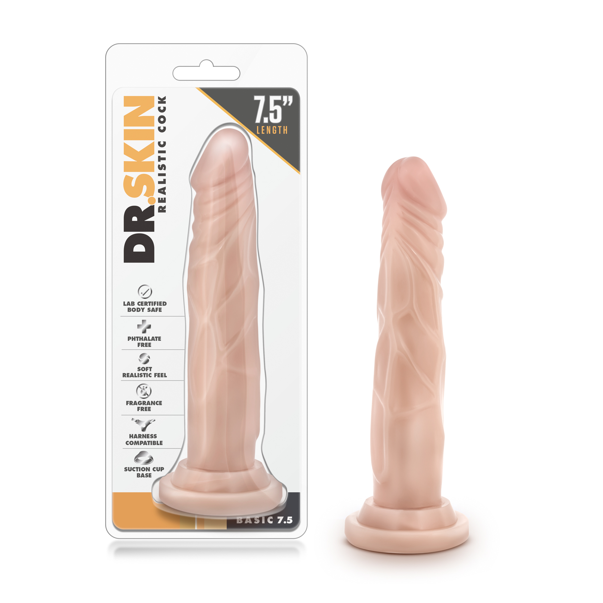The doctor is in! The Dr. Skin Realistic Cock is a realistic dildo with a sturdy suction cup base that holds to any flat surface for solo time. Harness compatible